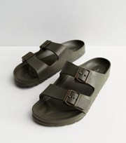 New Look Khaki Double Buckle Strap Footbed Sliders